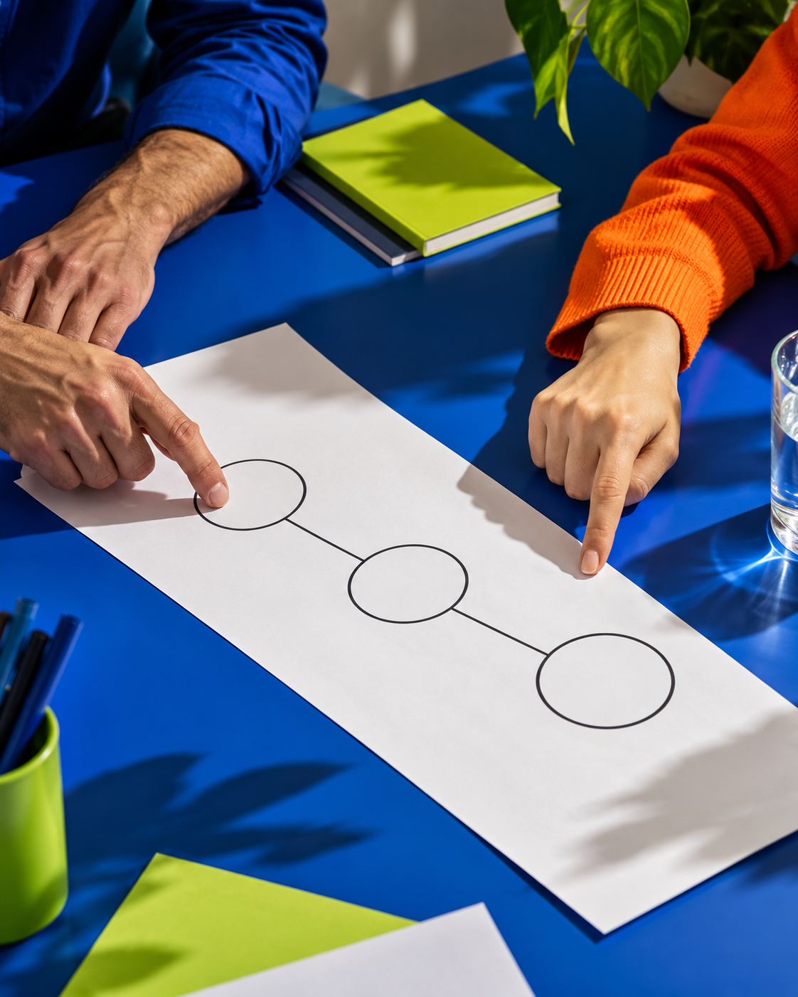 Cena ilustrativa de mãos de duas pessoas organizando uma faixa de papel com círculos conectados sobre uma mesa azul.