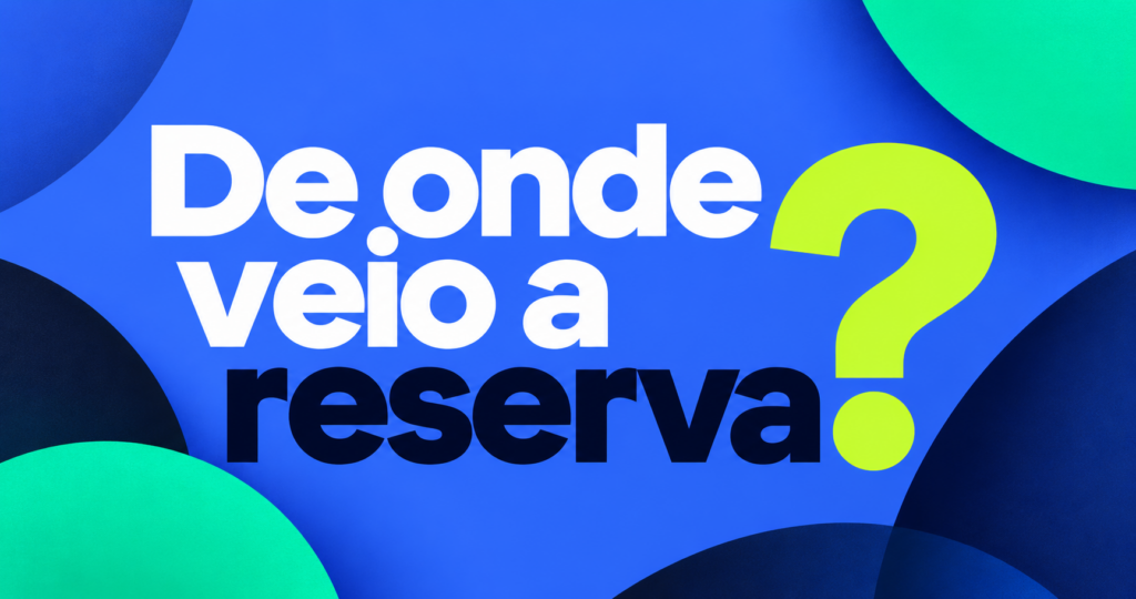 Pergunta De onde veio a reserva? em letras brancas e navy sobre azul, com ponto de interrogação verde-lima e formas curvas turquesa e navy.