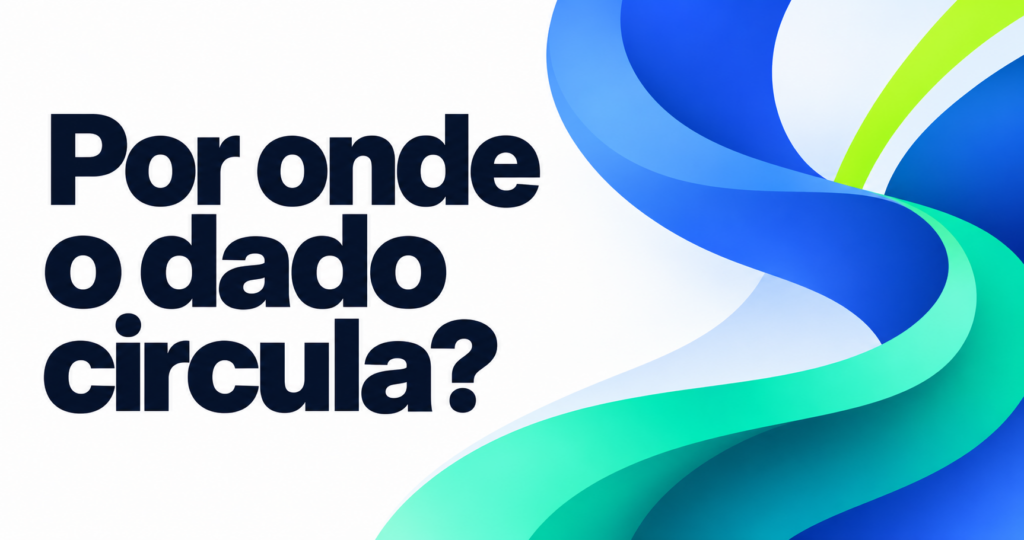 Pergunta Por onde o dado circula? em letras navy sobre branco, ao lado de curvas azuis e turquesa com detalhe verde-lima.