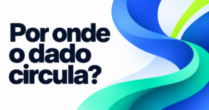 Pergunta Por onde o dado circula? em letras navy sobre branco, ao lado de curvas azuis e turquesa com detalhe verde-lima.