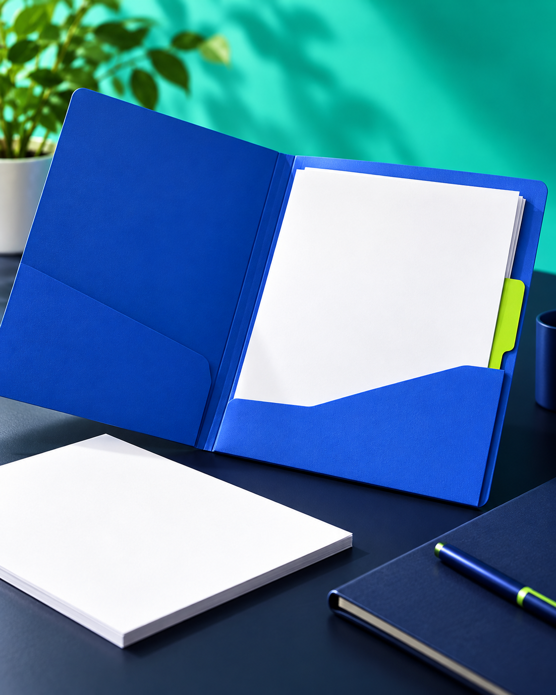 Pasta azul aberta com papéis brancos vazios sobre mesa navy, separador verde-lima, caderno e caneta sem identificação.