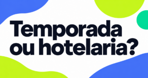 Capa tipográfica com a pergunta ‘Temporada ou hotelaria?’ em navy sobre fundo branco, com formas gráficas azul e verde-lima.