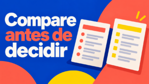 Chamada Compare antes de decidir ao lado de duas folhas ilustradas com marcas gráficas abstratas, sem texto de contrato.