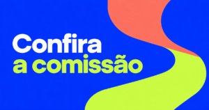 Capa com o texto Confira a comissão em formas abstratas coral e lima sobre fundo azul-cobalto.