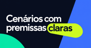 Composição tipográfica com a frase “Cenários com premissas claras” sobre fundo navy e formas azul, lima e turquesa.