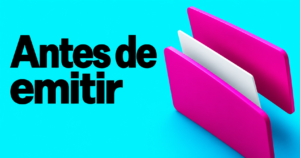 Capa com o texto Antes de emitir e planos abstratos magenta sobre fundo ciano.
