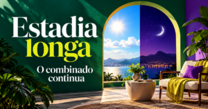 Capa editorial com as frases Estadia longa e O combinado continua e uma janela abstrata dividida entre dia e noite.