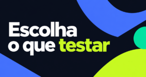 Capa tipográfica com a frase ‘Escolha o que testar’ em alto contraste, sobre fundo navy com formas azul e verde-lima.