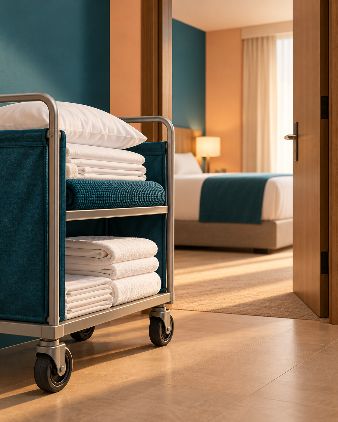 Carrinho com roupa de cama dobrada diante de um quarto genérico e vazio, em ilustração editorial de hospedagem.