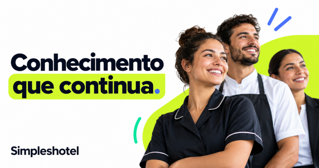 Capa com a frase Conhecimento que continua., três pessoas adultas em cena ilustrativa e o nome Simpleshotel contínuo em navy.