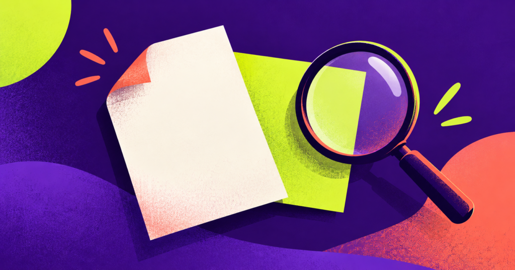 Composição editorial abstrata com uma folha sem escrita, um retângulo verde-lima e uma lupa violeta.