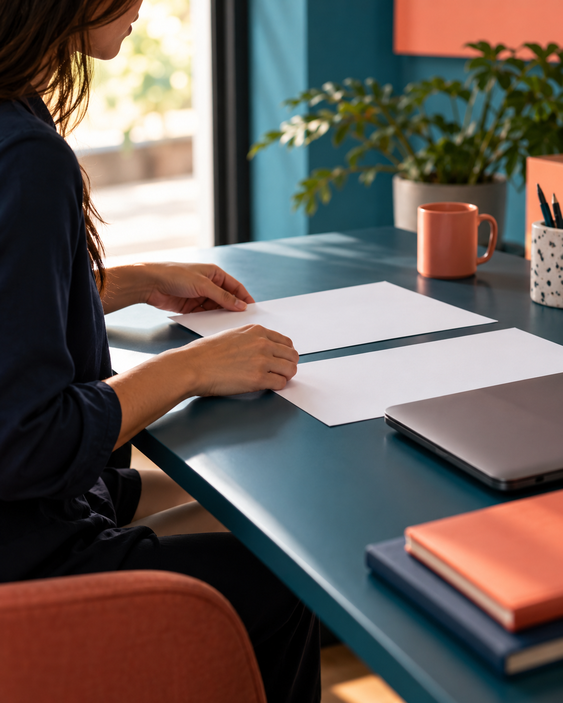Pessoa adulta de perfil organiza duas folhas sem escrita ao lado de um notebook fechado, em ambiente de trabalho fictício.