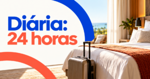 Composição editorial ‘Diária: 24 horas’, com arcos azul e coral, quarto ilustrativo e mala.