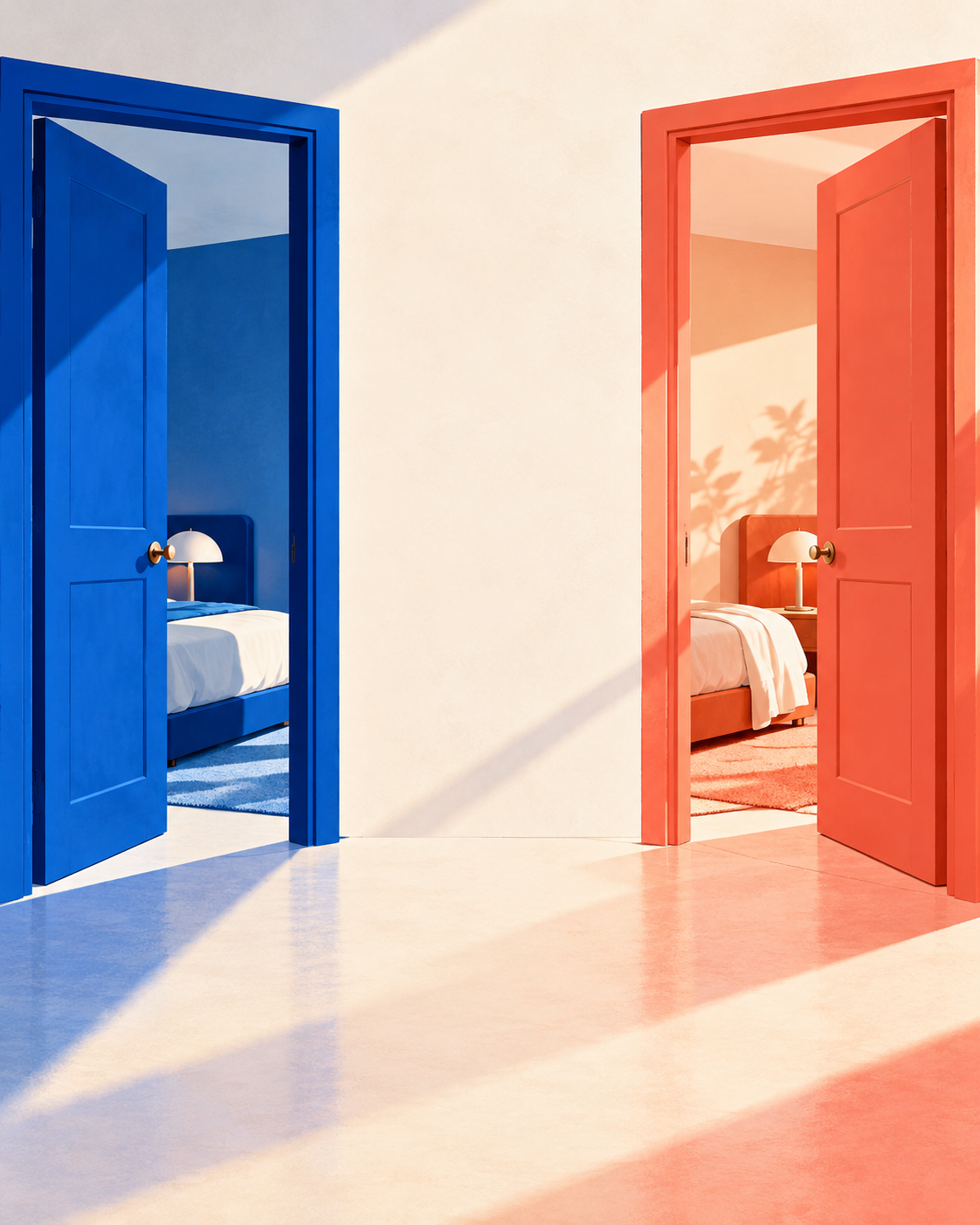 Ilustração de duas portas abertas, uma azul e outra coral, separadas por uma parede clara, com camas ao fundo.