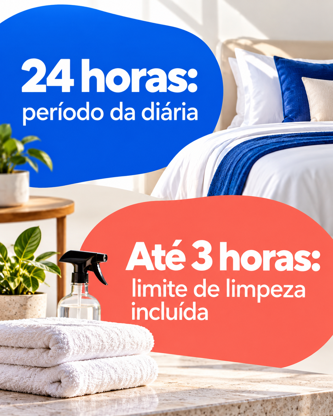 Dois blocos gráficos contrastantes: ‘24 horas’ para o período da diária e ‘Até 3 horas’ para o limite de limpeza incluída.