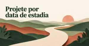 Composição editorial em camadas abstratas que se afastam no horizonte; headline ‘Projete por data de estadia’.