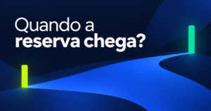 Capa com a frase ‘Quando a reserva chega?’ em branco e formas azul, lima e turquesa sobre navy.