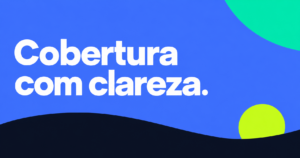 Frase Cobertura com clareza. em letras grandes brancas sobre azul vivo com formas navy, verde-lima e turquesa.