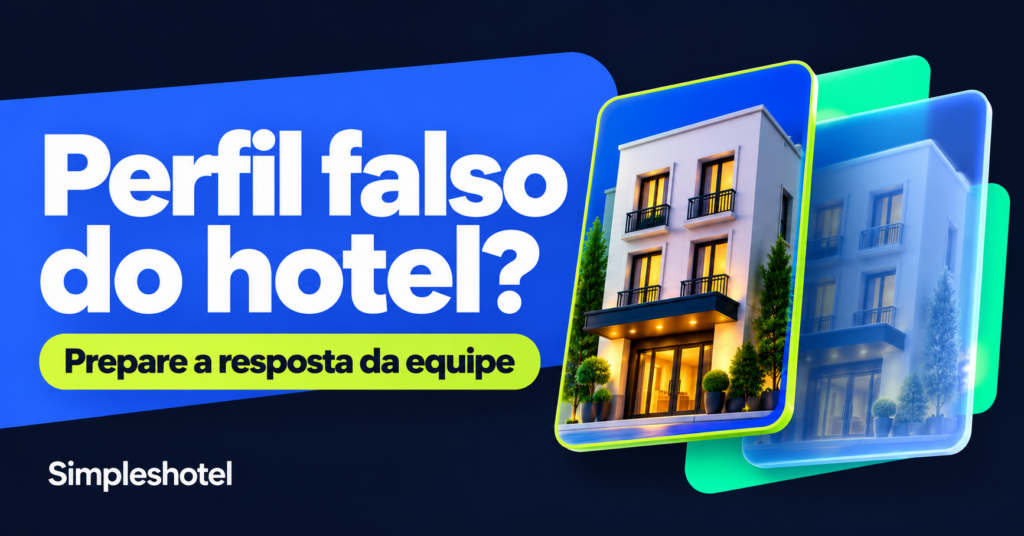 Composição editorial ilustrativa com fachadas fictícias sobrepostas e o título Perfil falso do hotel.